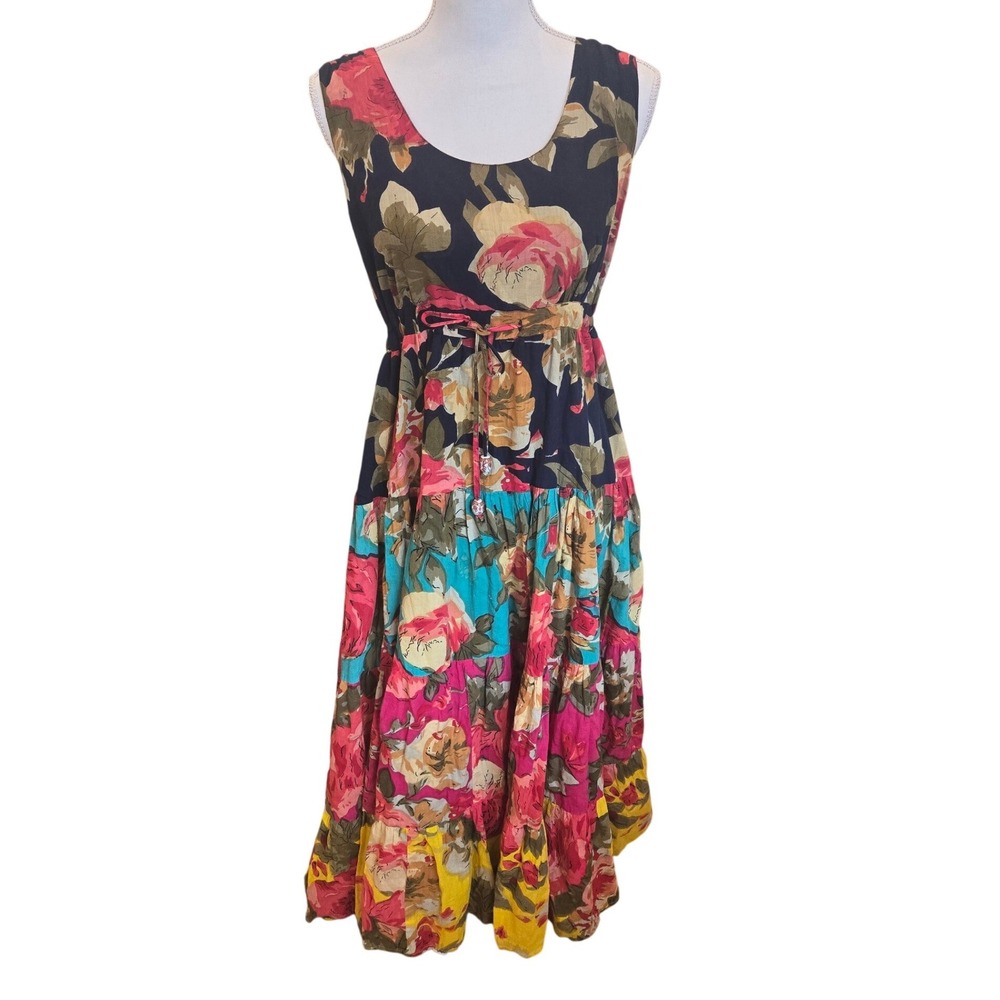 Vasna Desire Floral Tiered Maxi Sun Dress Sleeveless Tie Waist Boho Flowy Medium